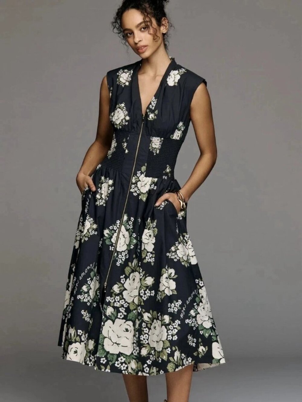 NWT Anthropologie Tommie Cap Sleeve Smocked Front Zip Midi Dress Black Floral M